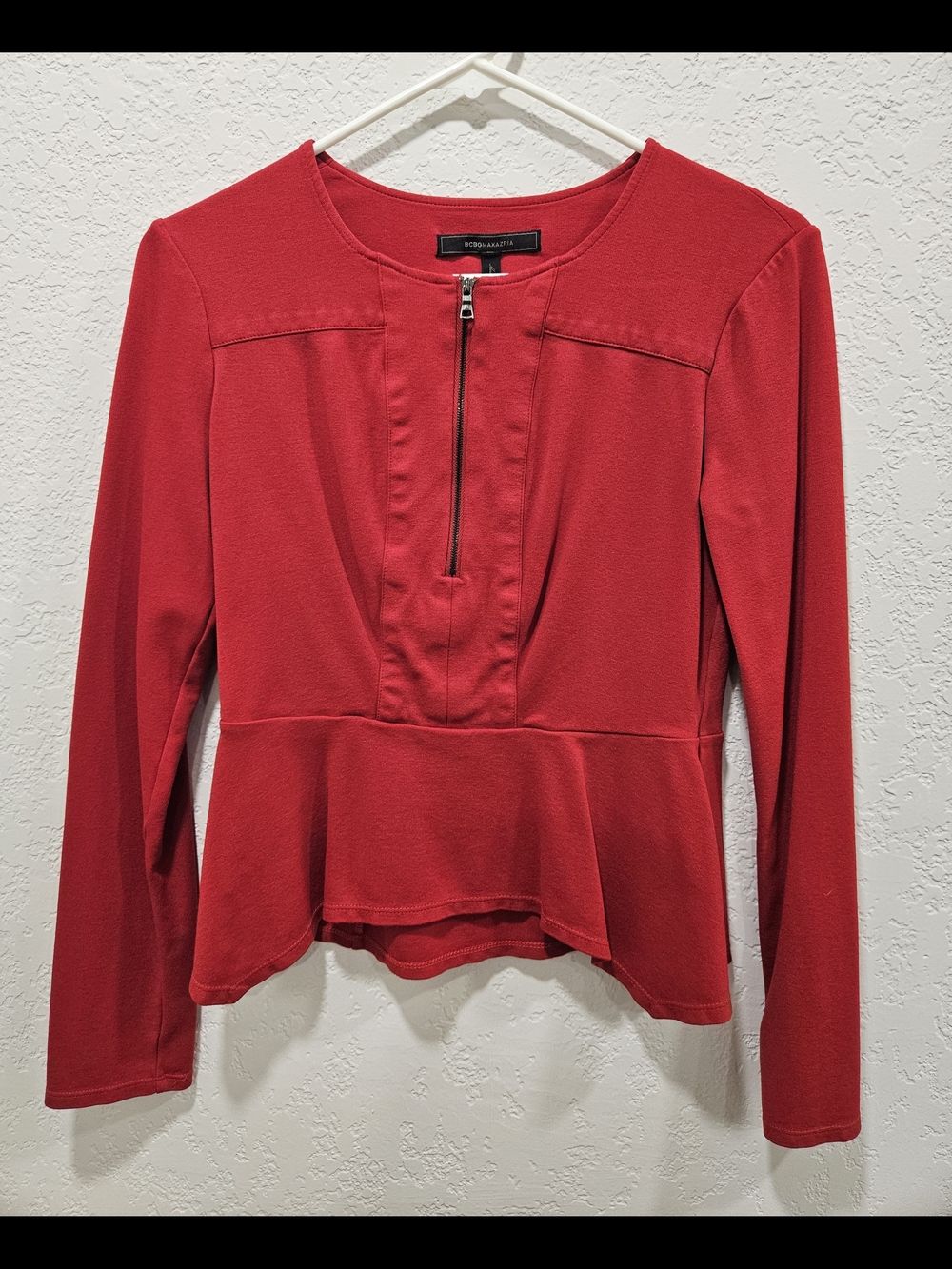 BCBGMaxAzria Red Long-Sleeve Peplum Zip Top